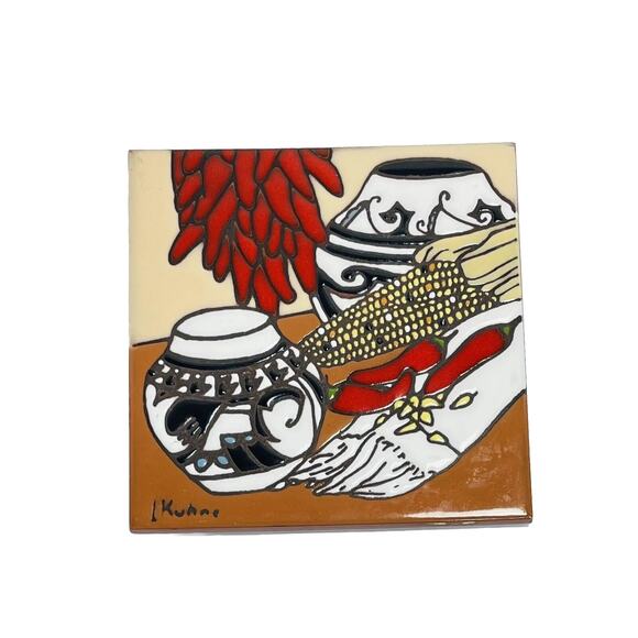 Vtg L Kuhne Chilies Native American Ceramic Tile Trivet Pots Corn Etc Wall Art - Picture 1 of 6